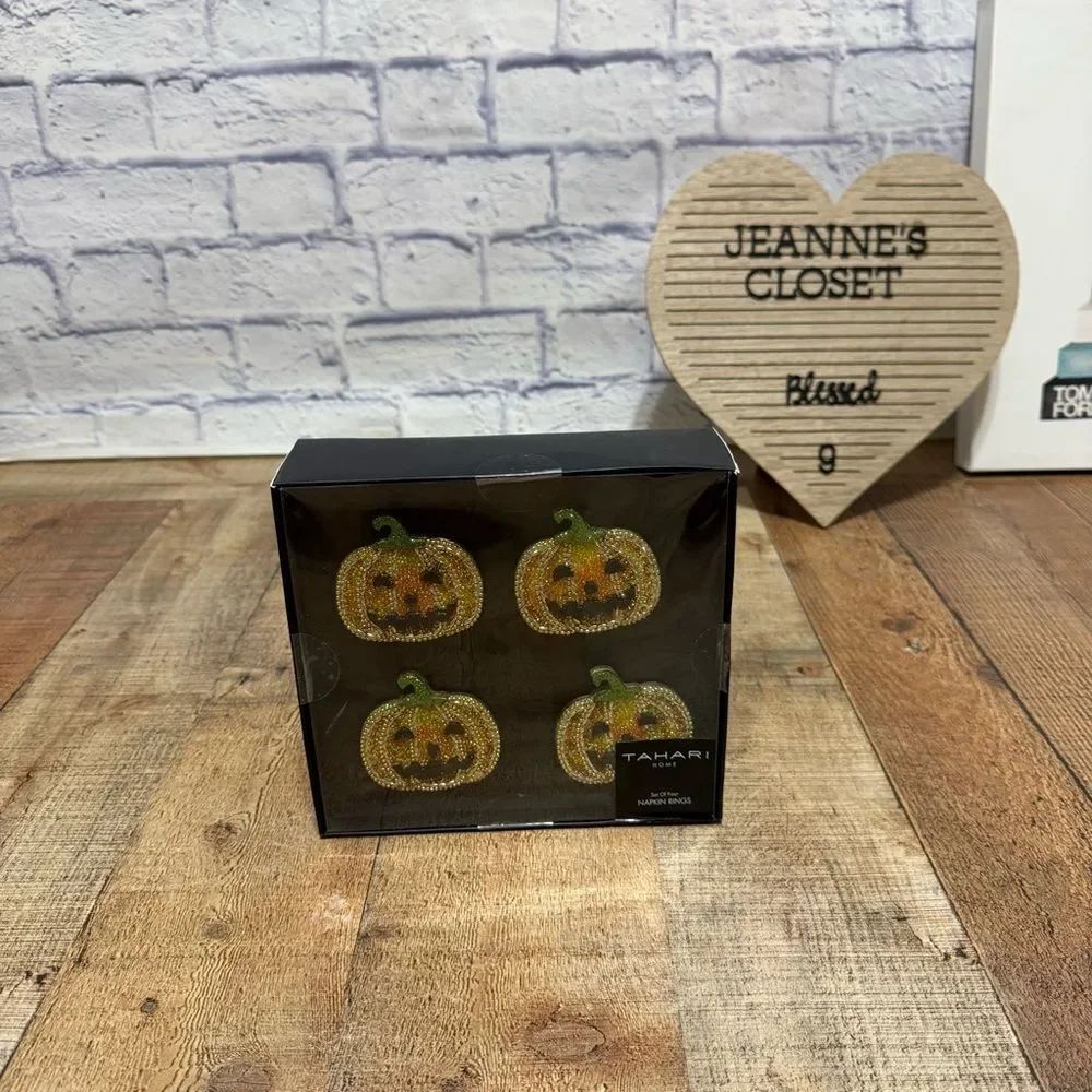 Tahari Set Of 4 Napkin Rings Beaded Jack-O-Lanterns Halloween/Fall Decor New